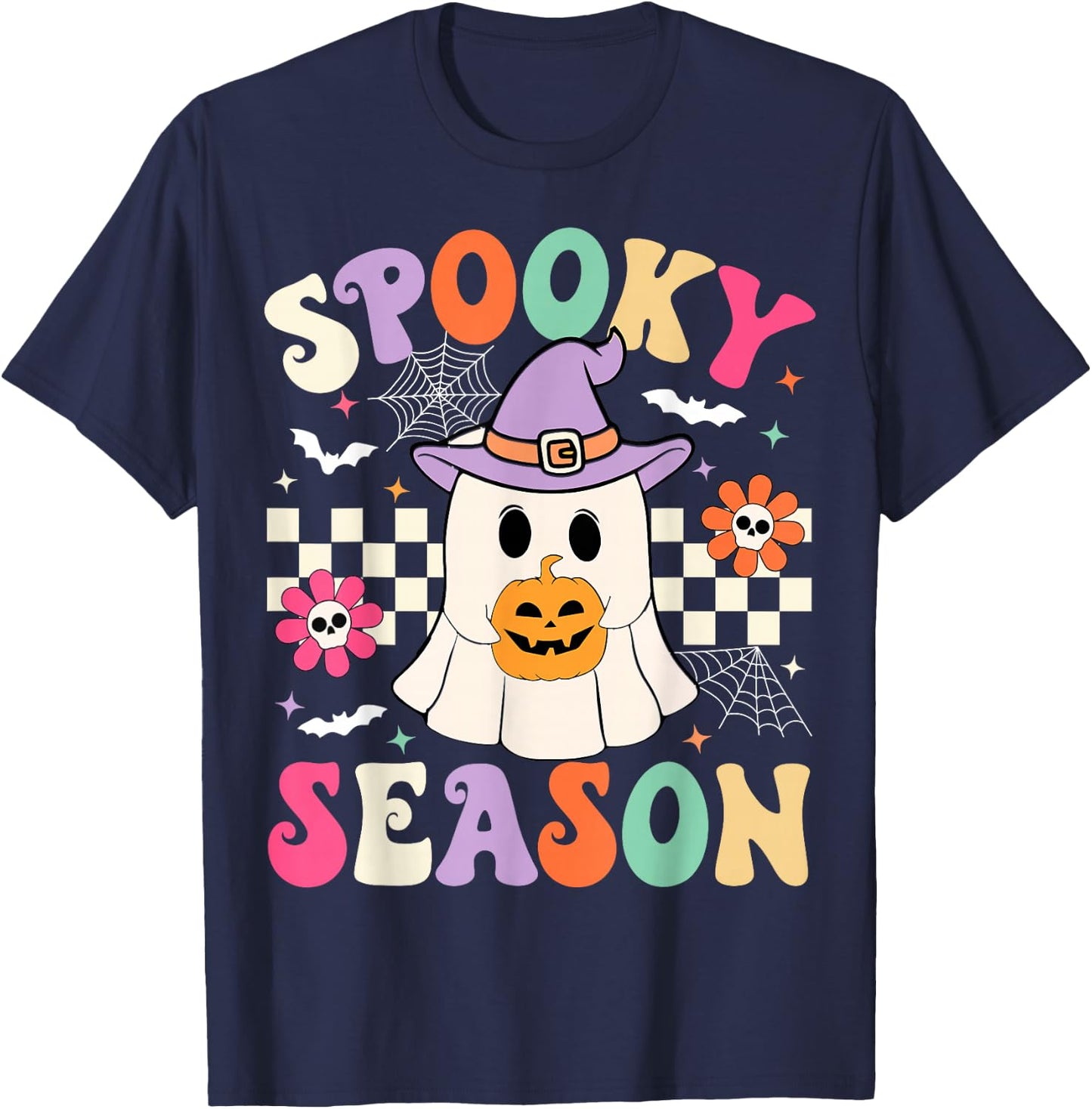 Groovy Spooky Season Retro Ghost Holding Pumpkin Halloween T-Shirt - T-Shirt | Navy