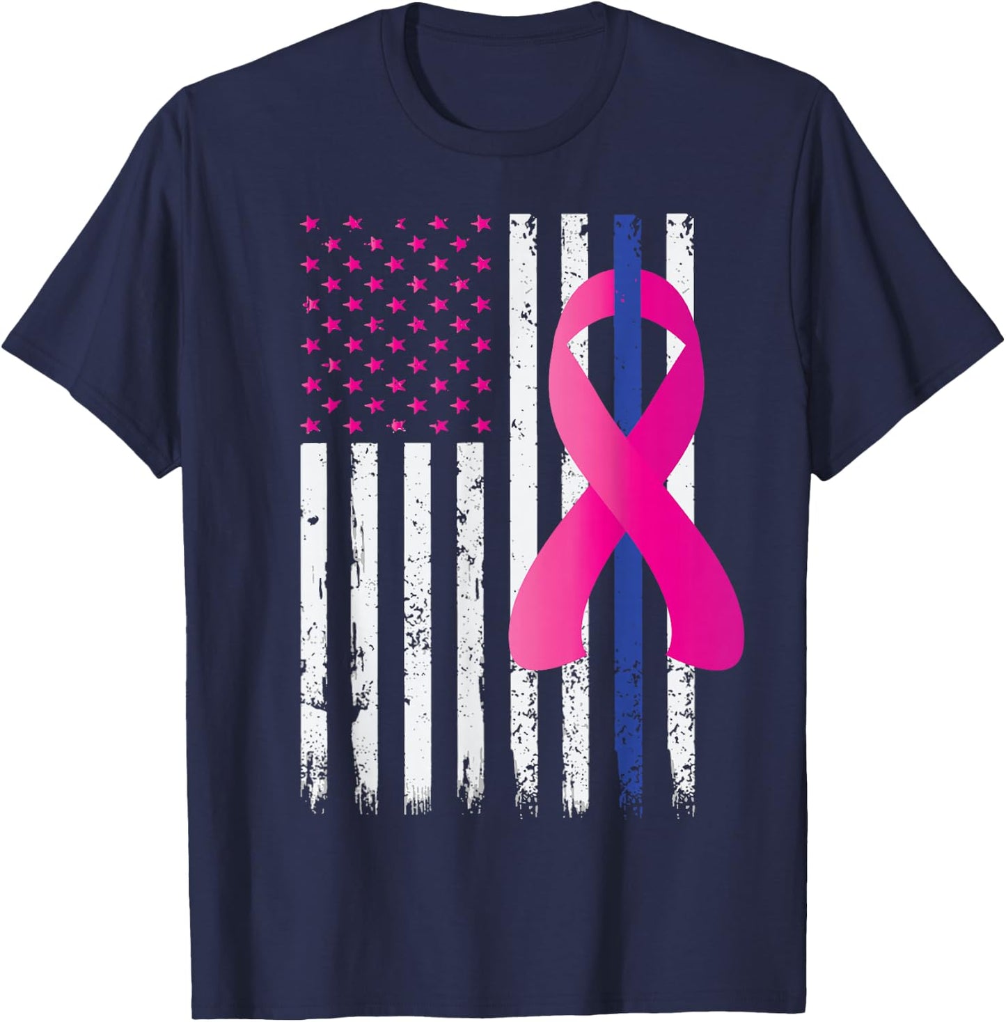 Breast Cancer Awareness Thin Blue Line Vintage Police Flag T-Shirt - T-Shirt | Navy