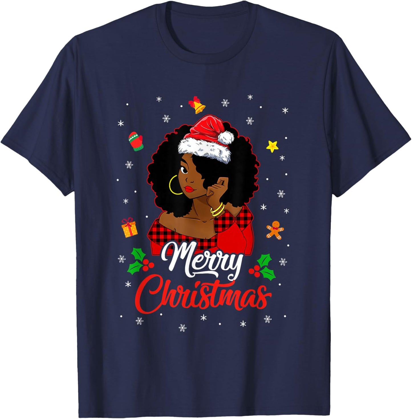 Black African Girl American Melanin Christmas Santa Hat T-Shirt - T-Shirt | Navy