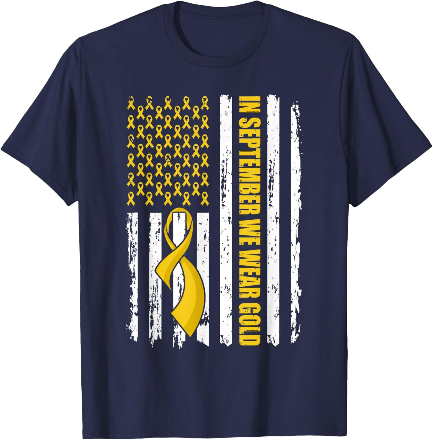 In September We Wear Gold Flag Childhood Cancer Awareness T-Shirt - T-Shirt | Navy
