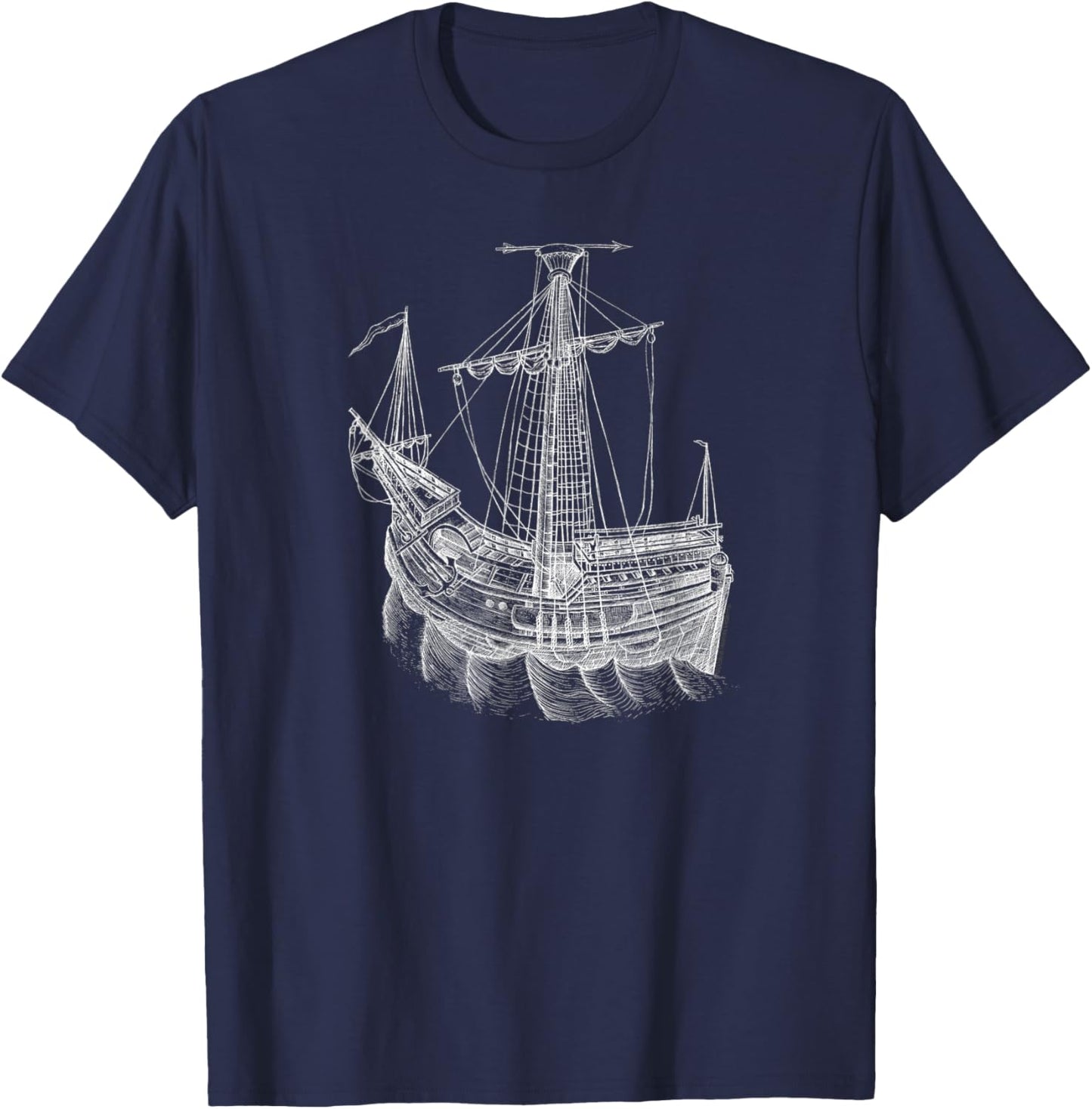 Vintage Historical Sailing Ship Drawing Sailing Ship T-Shirt - T-Shirt | Navy