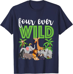 Four Ever Wild 4th Birthday 4 Year Old Birthday Zoo Safari T-Shirt - T-Shirt | Navy