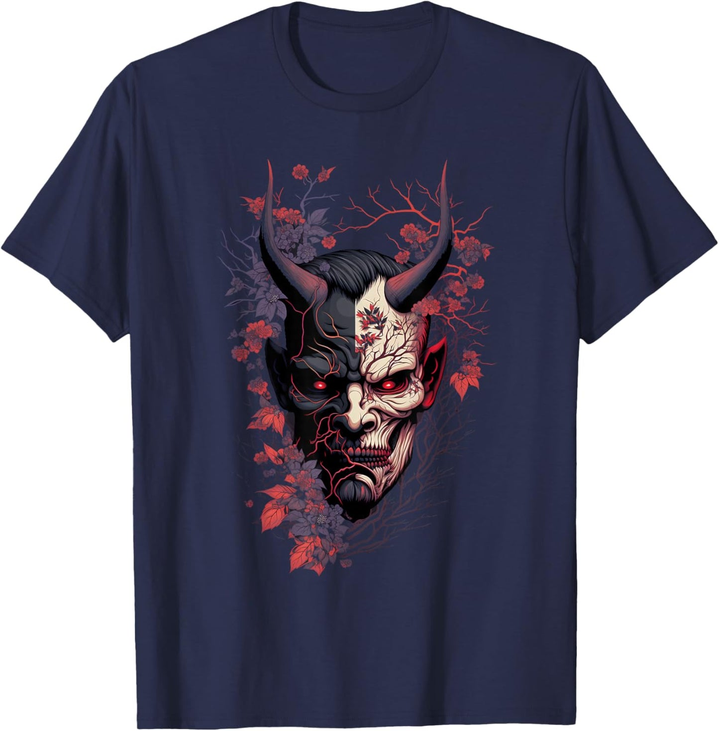 Traditional Japanese Tattoo Demon Mask, Oni Hannya Samurai T-Shirt - T-Shirt | Navy