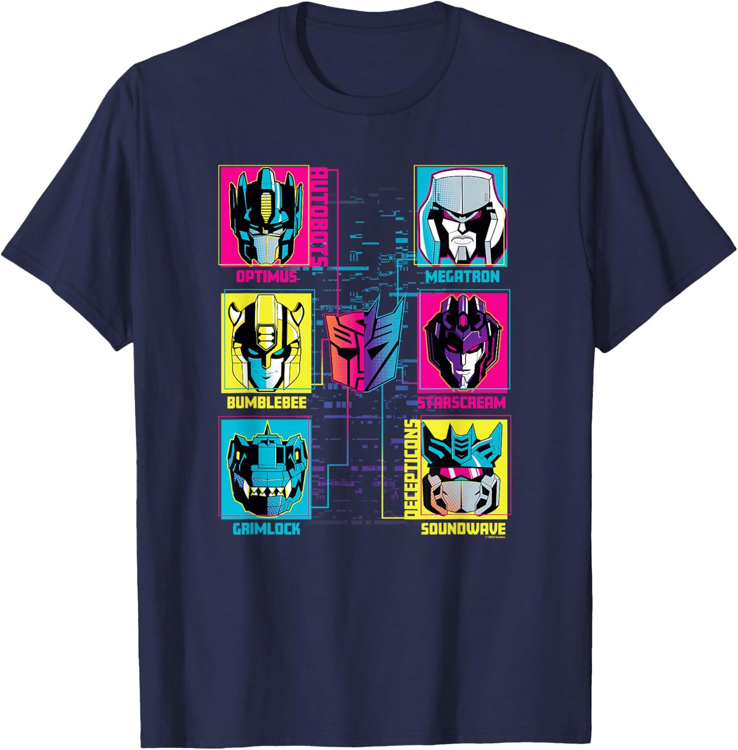 Transformers Group Shot Bright Neon Box Up Characters T-Shirt - T-Shirt | Navy