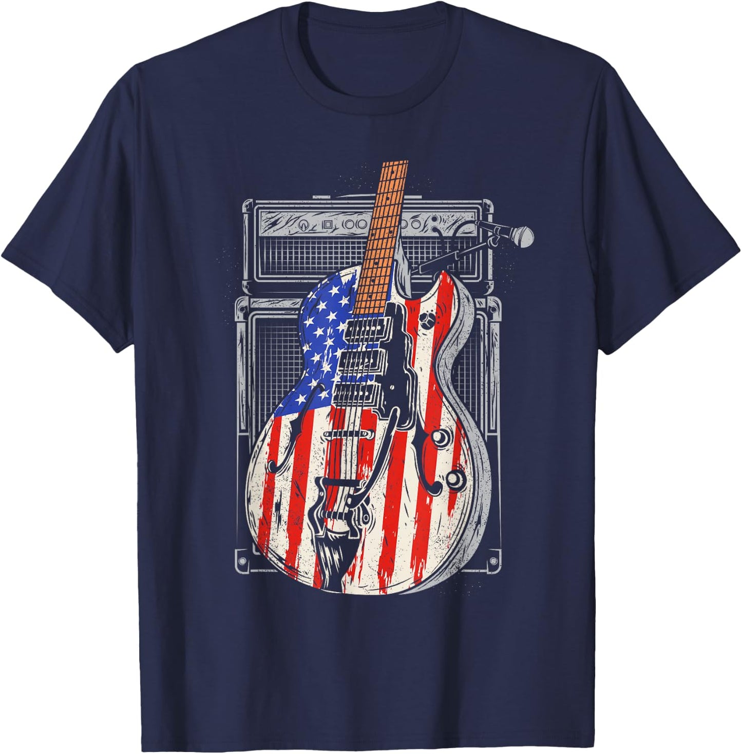 American Flag Guitar 4th of July Guitarist USA Country Music T-Shirt - T-Shirt | Navy