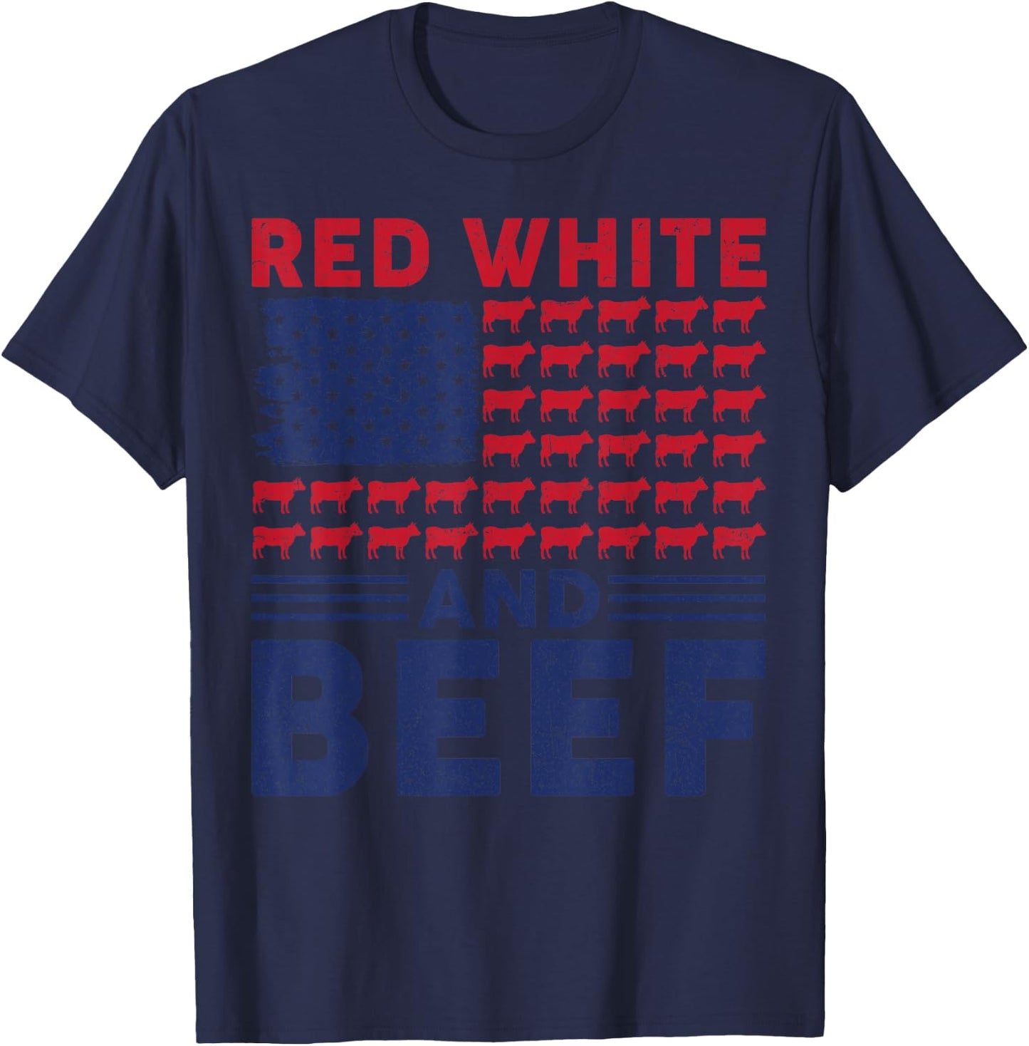 Red White And Beef 4th Of July Cattle American Flag Cow T-Shirt - T-Shirt | Navy