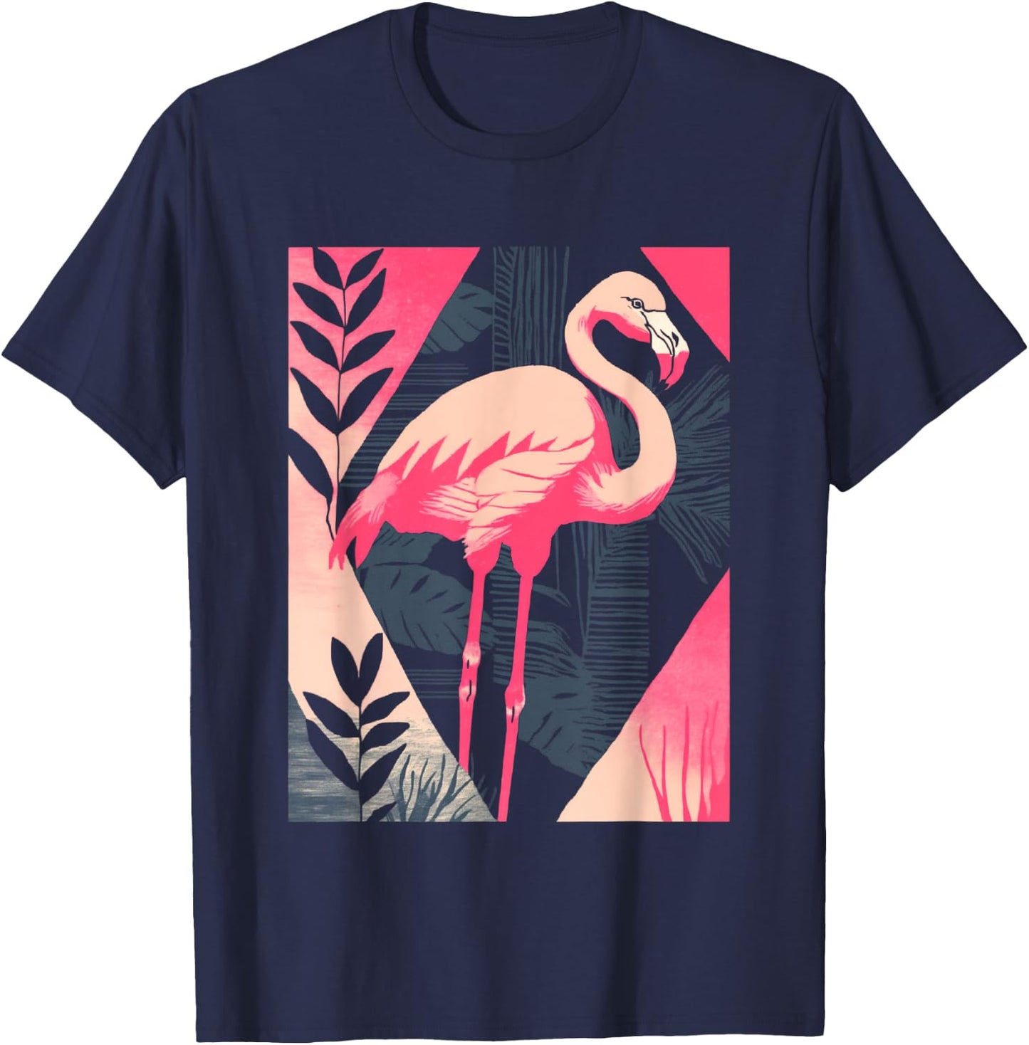 Palm Fronds Art Deco Retro Tropical Flamingo T-Shirt - T-Shirt | Navy