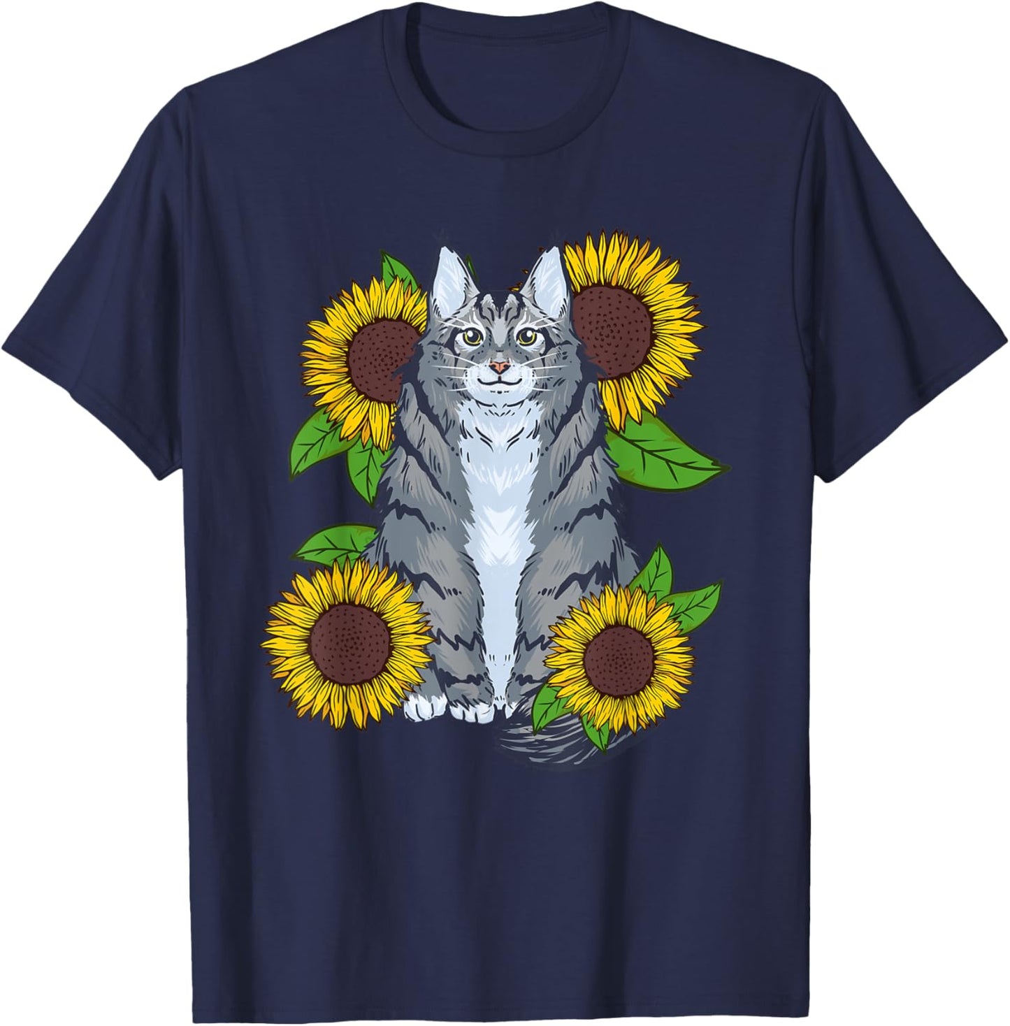 Floral Sunflower Mainecoon Cat Lover Men Women Kids T-Shirt - T-Shirt | Navy