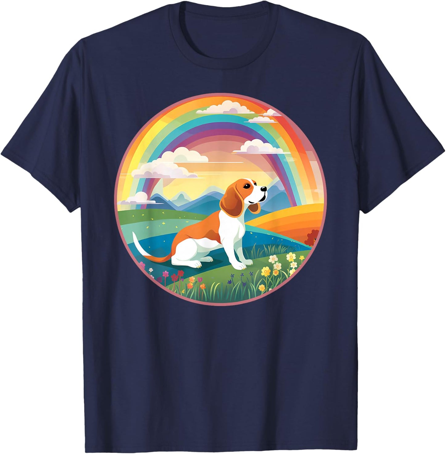 Beagle Rainbow Bridge Colorful Dog Memorial Painting T-Shirt - T-Shirt | Navy