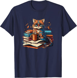 Cat Enjoy Read Books Cat-Themed - Women's Classic Fit Short Sleeve Black Small T-Shirt - T-Shirt | Navy