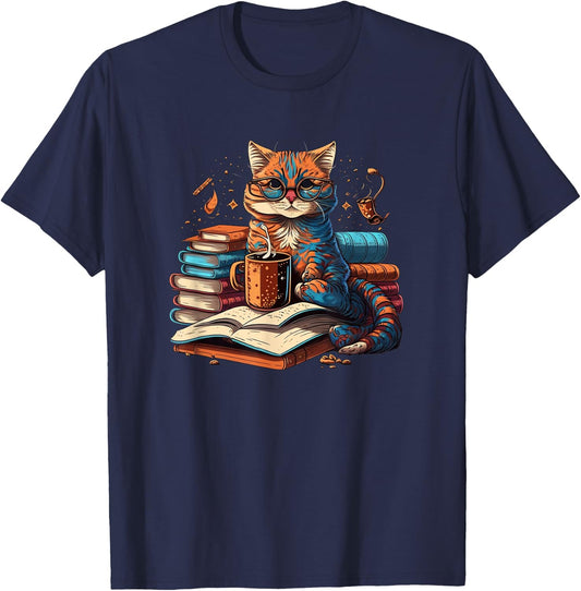 Cat Enjoy Read Books Cat-Themed - Women's Classic Fit Short Sleeve Black Small T-Shirt - T-Shirt | Navy