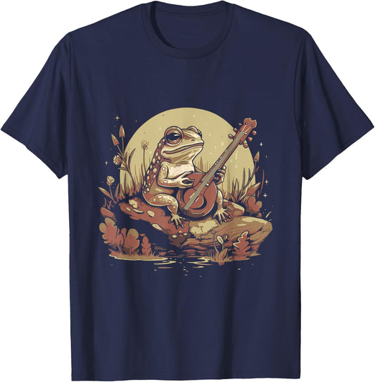 Banjo Frog Cottagecore Aesthetic Vintage Nature Graphic T-Shirt - T-Shirt | Navy
