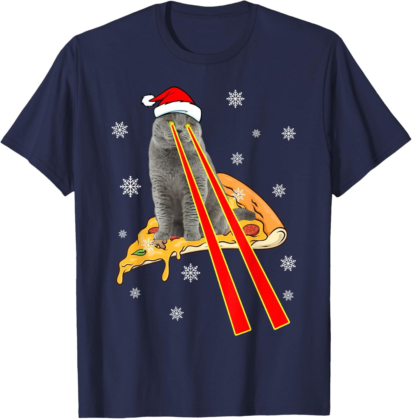 Cat With Laser Eyes Funny Pizza Cat Christmas T-Shirt - T-Shirt | Navy