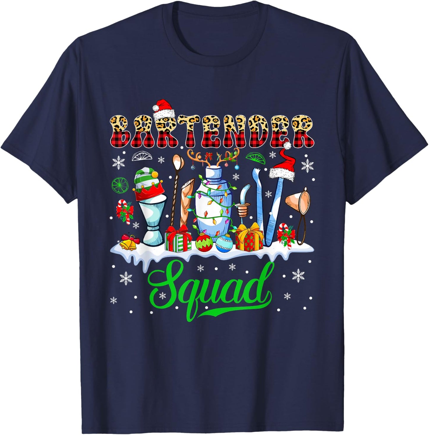 Bartender Squad Christmas Santa Reindeer Elf Bartender Tools T-Shirt - T-Shirt | Navy