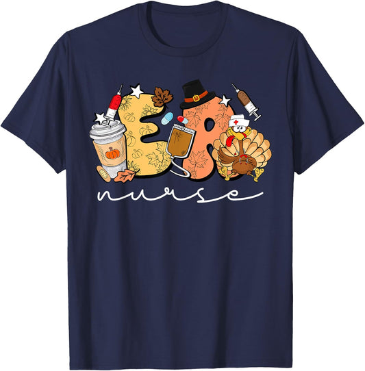 Retro Thanksgiving ER Nurse Turkey Emergency Room Nurse T-Shirt - T-Shirt | Navy