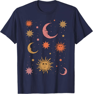 Whimsigoth Aesthetic Hippie Celestial Vintage Half Moon Sun T-Shirt - T-Shirt | Navy
