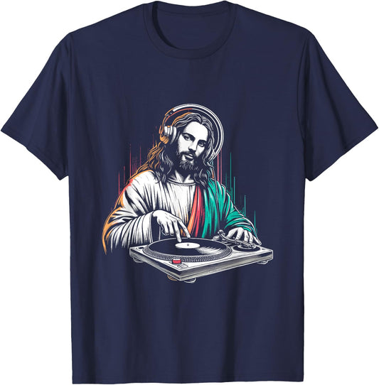Jesus Christ DJ - Funny Vintage Holy Turntables Music Lover T-Shirt - T-Shirt | Navy