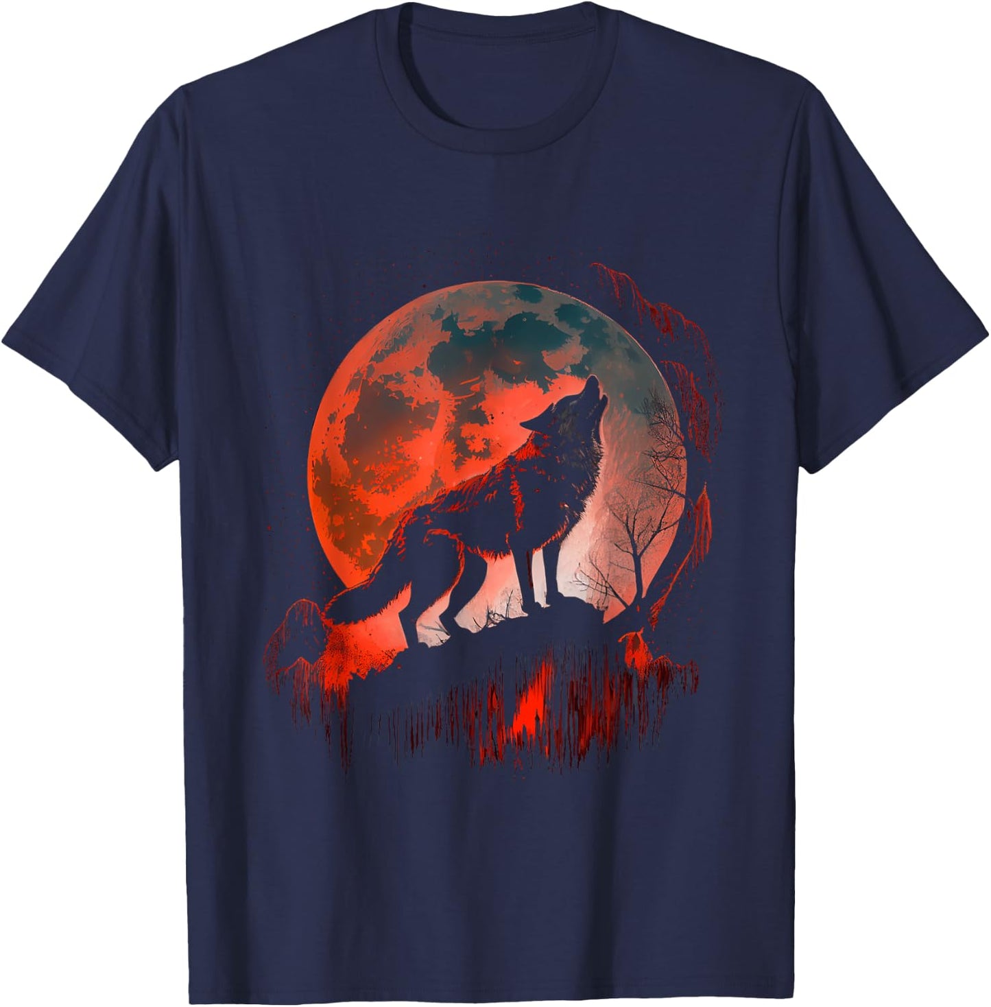 Wolf Howling At Blood Moon Silhouette Wildlife Howl Night T-Shirt - T-Shirt | Navy