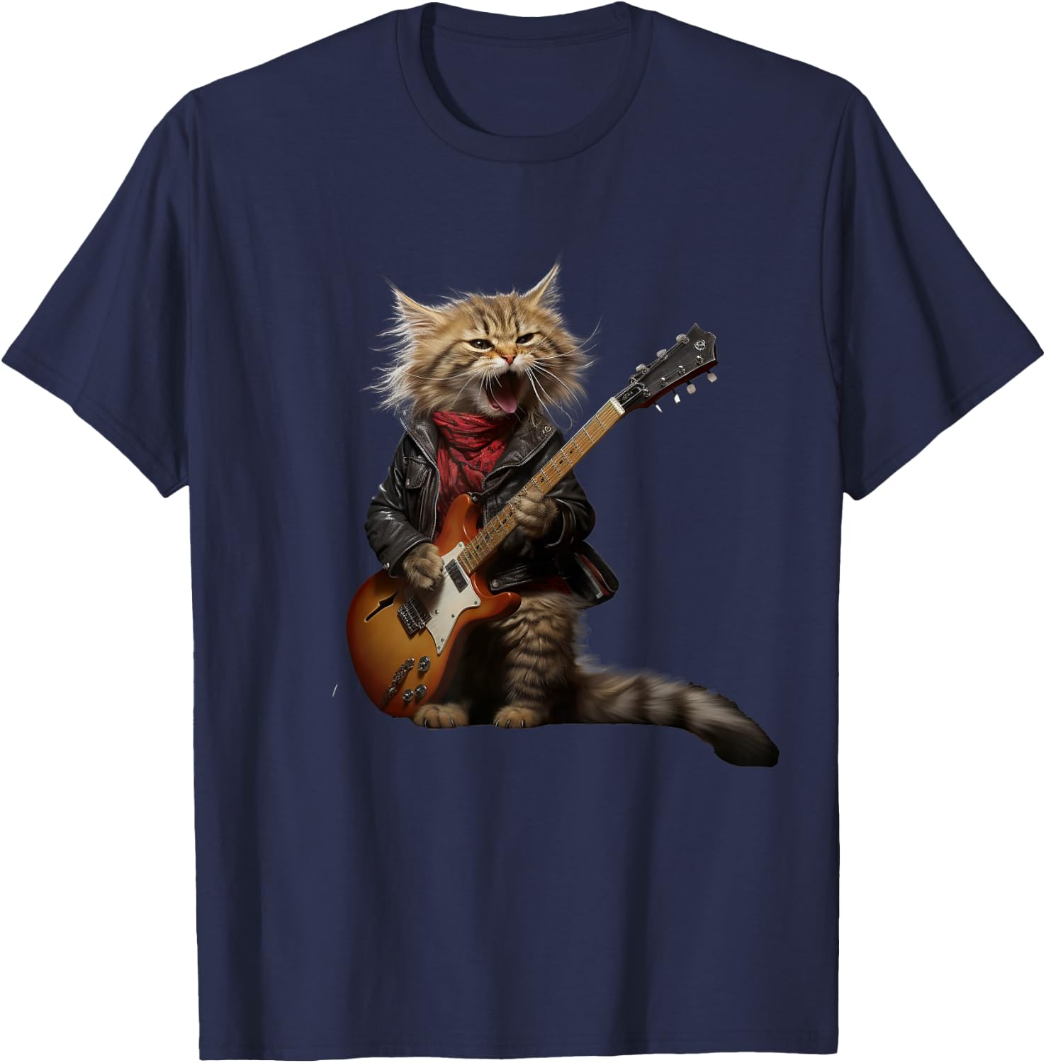 Rock Cat Playing Guitar - Funny Guitar Cat T-Shirt - T-Shirt | Navy