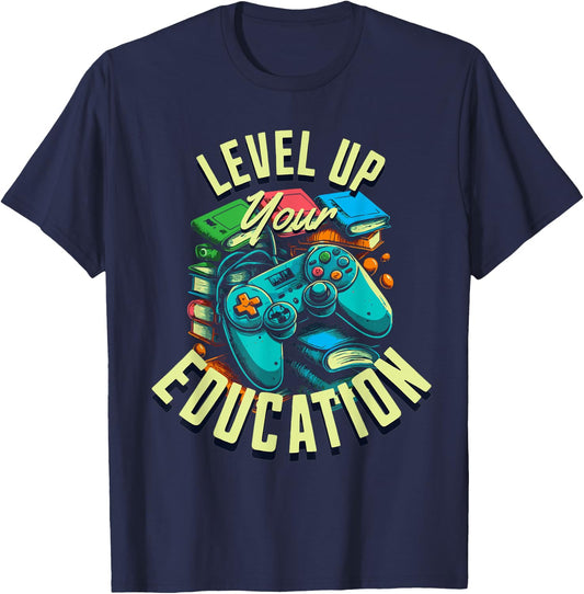 Level Up Your Education - Gaming-Inspired Teacher Design T-Shirt - T-Shirt | Navy