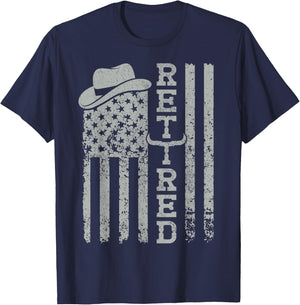 USA Flag Western Happy Retirement Party Cowboy Retired T-Shirt - T-Shirt | Navy