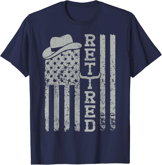 USA Flag Western Happy Retirement Party Cowboy Retired T-Shirt - T-Shirt | Navy