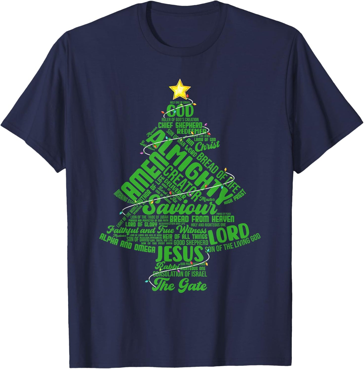 Names Of Jesus Christmas Tree Lights Christian Xmas Pajama T-Shirt - T-Shirt | Navy