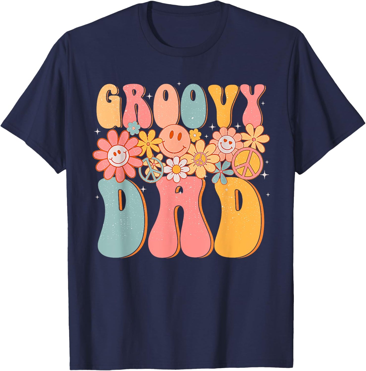 Groovy Dad Retro Fathers Day Colorful Peace Sign Smile Face T-Shirt - T-Shirt | Navy