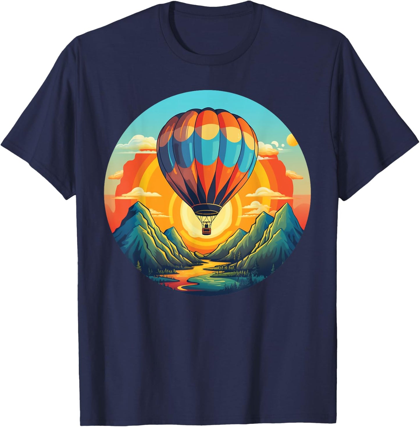 Mountains Sunset Adventures with hot Air Balloon T-Shirt - T-Shirt | Navy