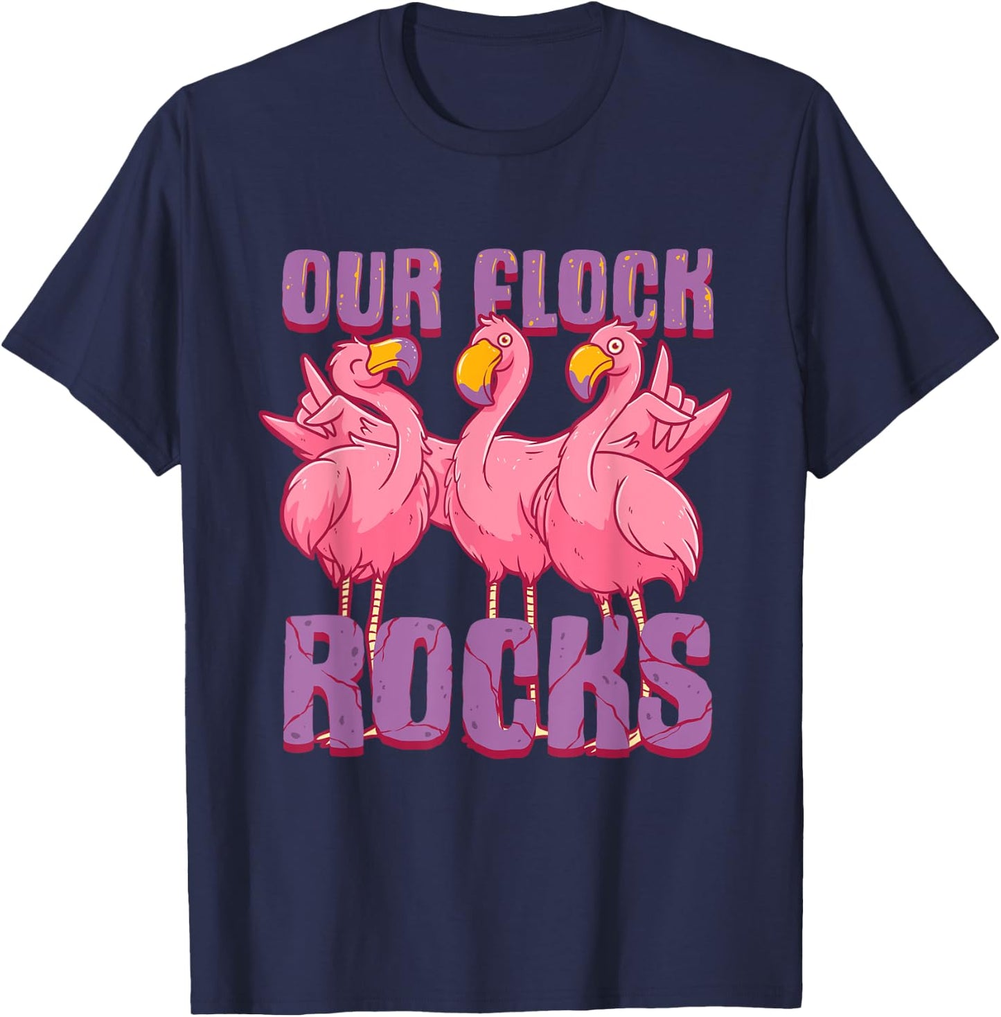 Our Flock Rocks Funny Flamingo Family Vacation Matching T-Shirt - T-Shirt | Navy