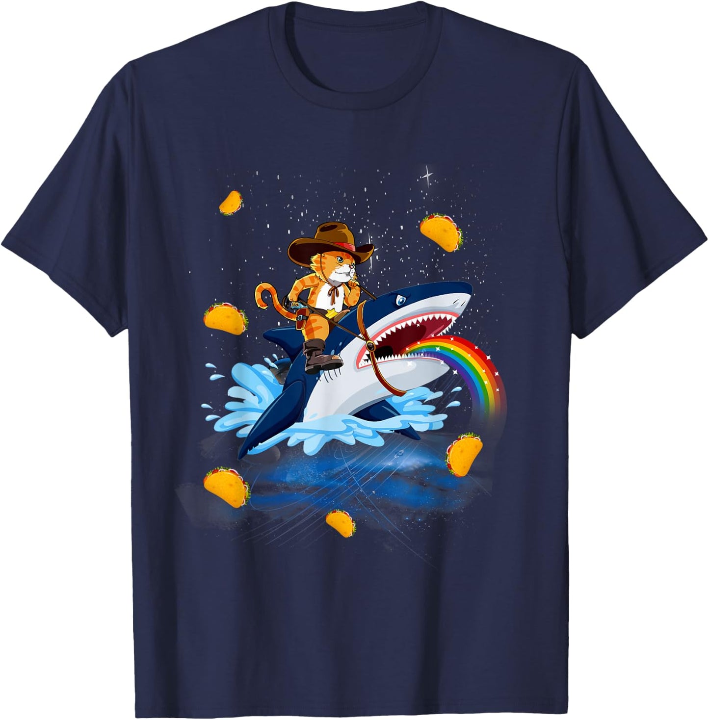 Western Cowboy Cat Riding A Shark In Taco Space Rainbow T-Shirt - T-Shirt | Navy