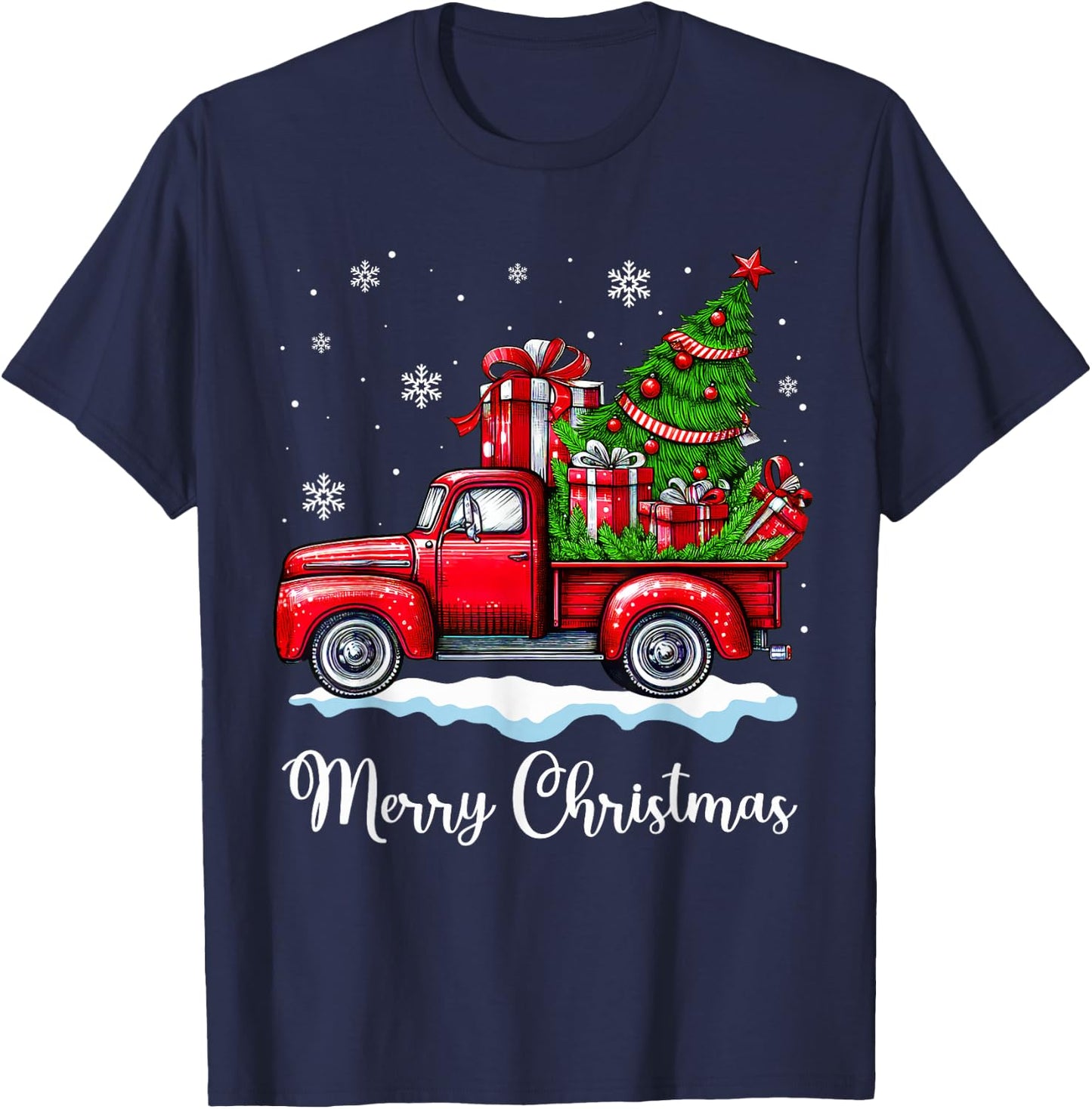 Vintage Merry Christmas Red Truck Funny Xmas Tree Boys Men T-Shirt - T-Shirt | Navy
