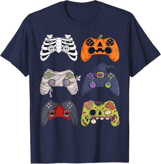 Halloween Skeleton Zombie Gaming Controllers Mummy Boys Kids T-Shirt - T-Shirt | Navy