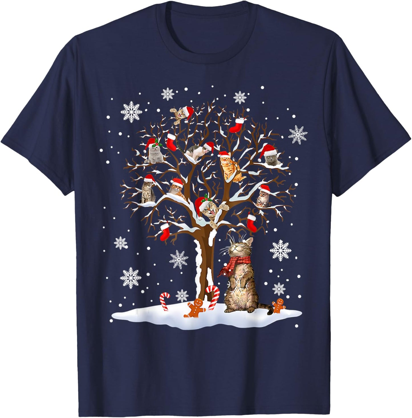 Cats In Snow Tree Winter Christmas Santa Hat X-mas T-Shirt - T-Shirt | Navy