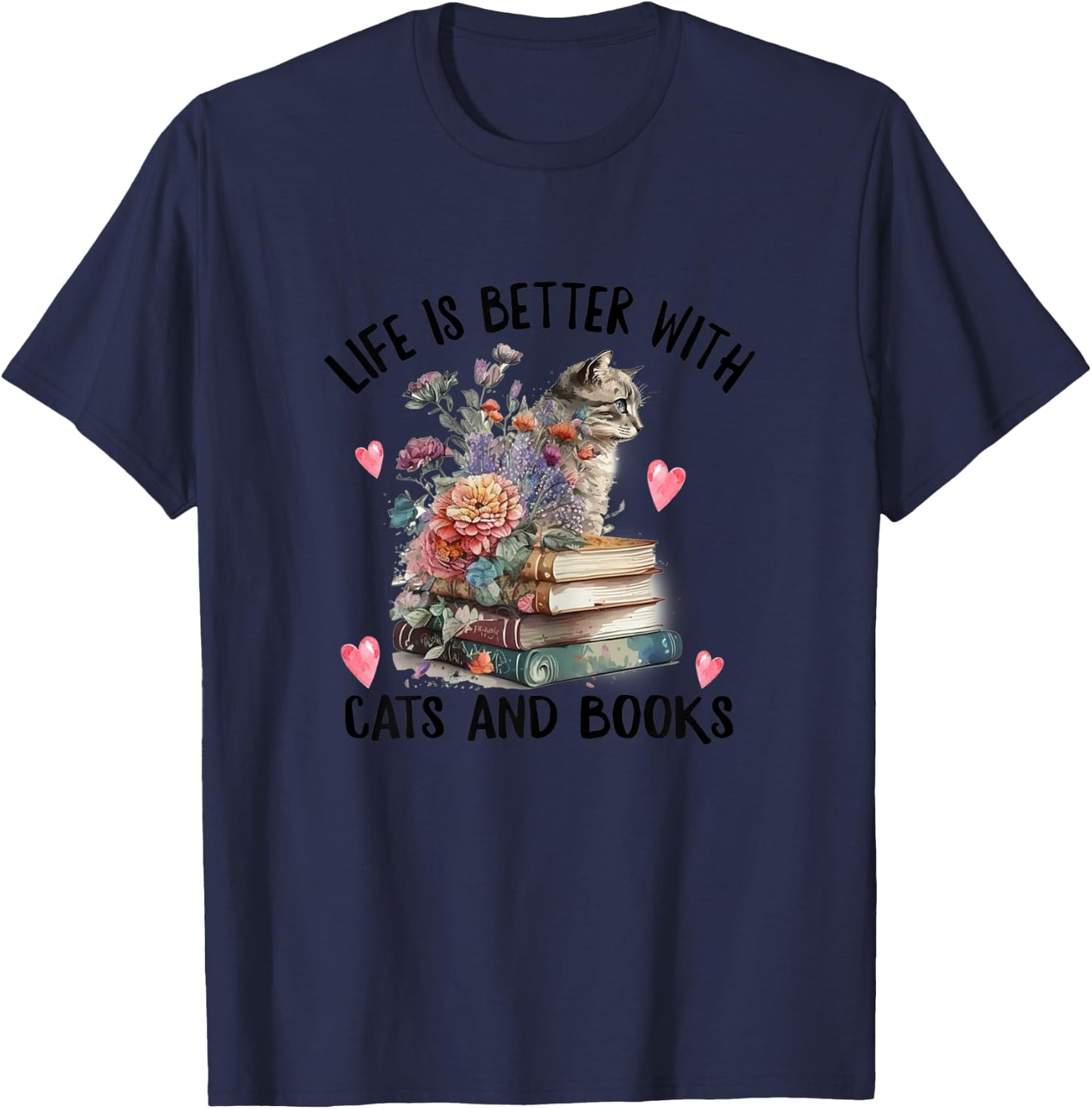 Life is better with Cats and Books Funny Cat Watercolor T-Shirt - T-Shirt | Navy