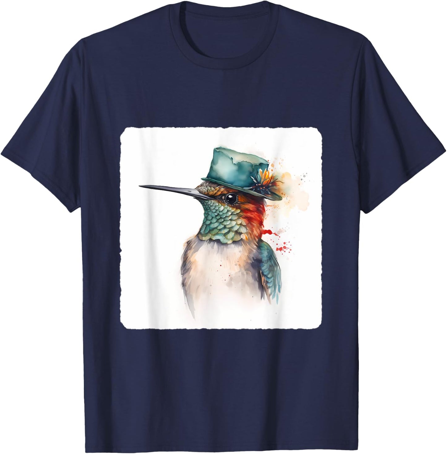A Hummingbird Wearing A Hat. Hummingbird Donning A Hat, Bird T-Shirt - T-Shirt | Navy