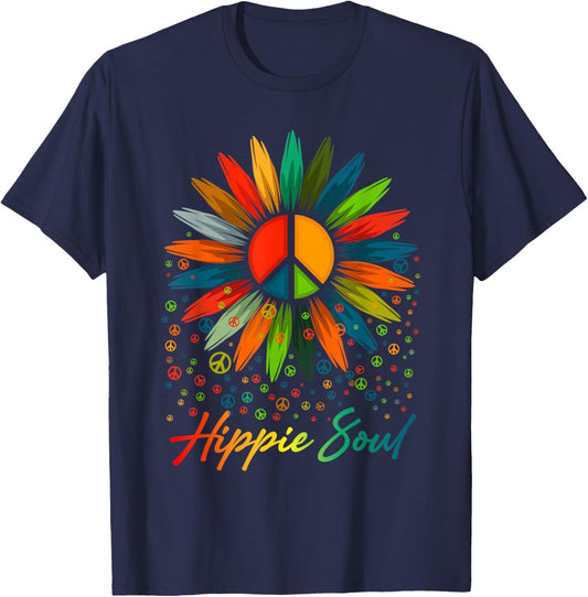 Hippie Soul Funny Peace Sign Daisy Flower Hippies Art Lovers T-Shirt - T-Shirt | Navy