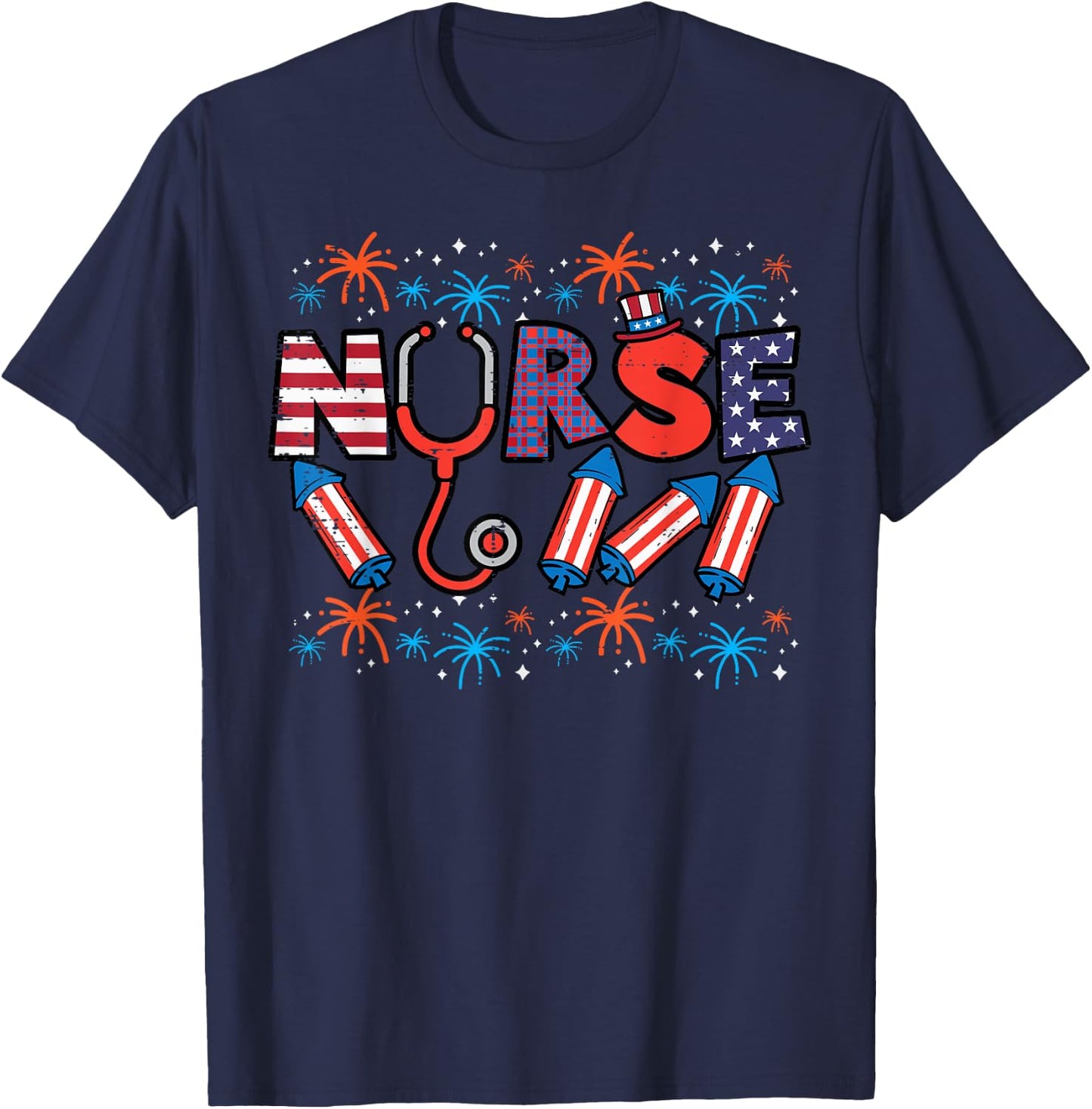 4th Of July Nurse Stethoscope Patriotic Scrub Top Women Men T-Shirt - T-Shirt | Navy
