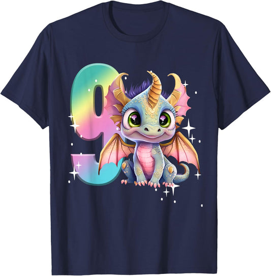 9th Birthday Shirt Dragon Party Rainbow Girl Dragon Nine 9 T-Shirt - T-Shirt | Navy