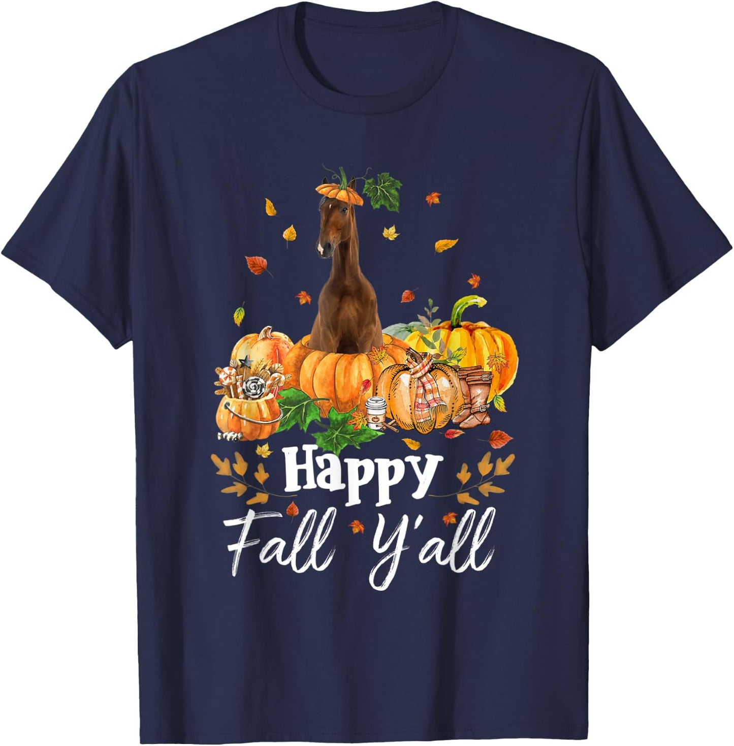 Happy Fall Y'all Horse Thanksgiving Horse Lover Halloween T-Shirt - T-Shirt | Navy