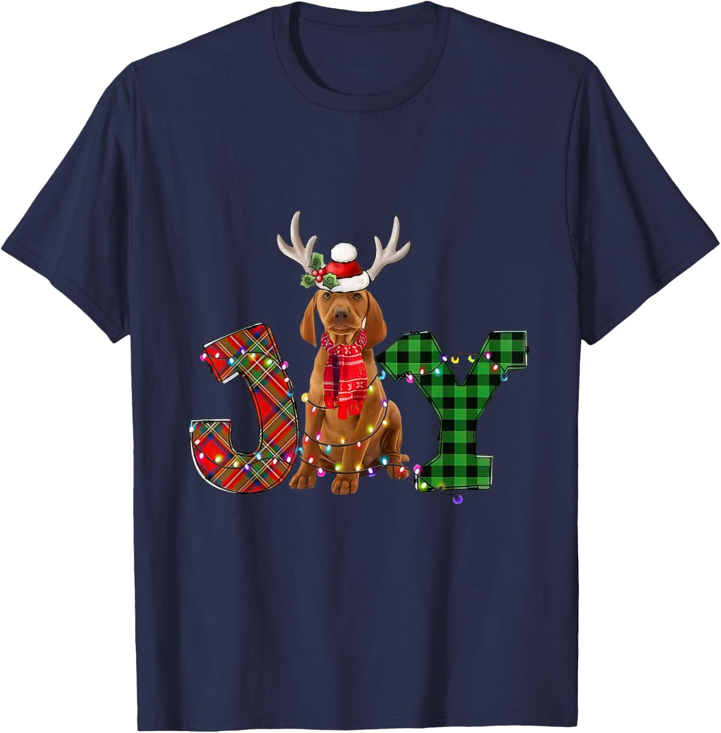Joy Christmas Lights Vizsla Dog Santa Hat Pajama Men Women Kids T-Shirt - T-Shirt | Navy