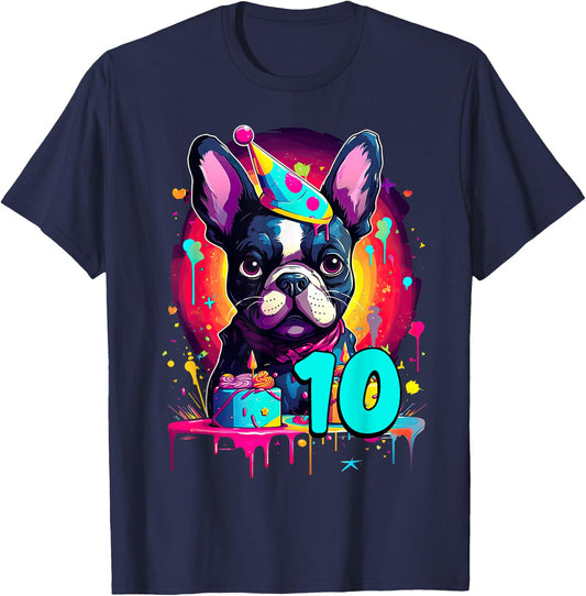 French Bulldog Dog 10th Birthday Themed Party 10 Years Old Men Women Girls Kids T-Shirt - T-Shirt | Navy