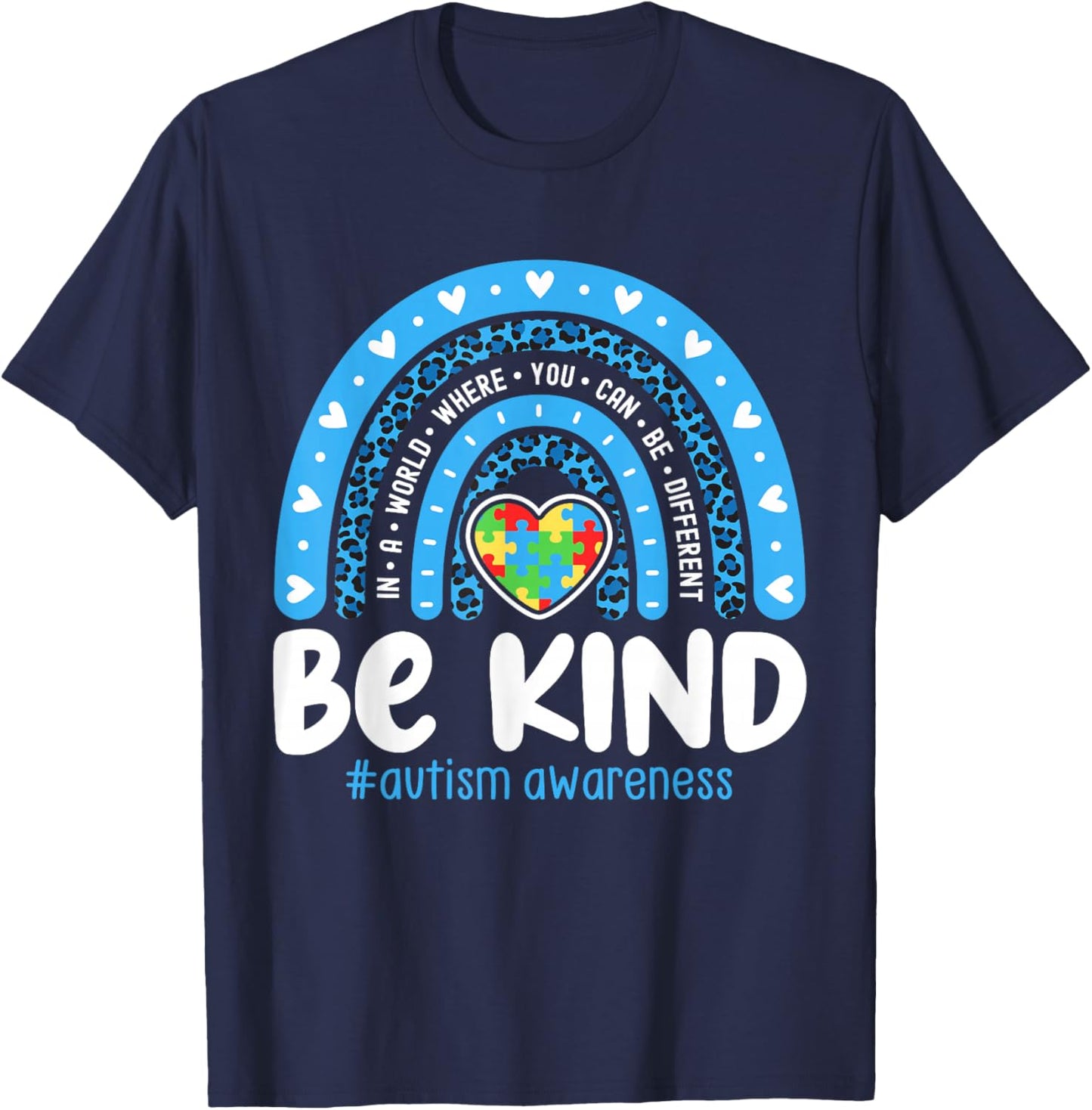 Autism Awareness Rainbow in April We Wear Blue Ribbon Autism Small T-Shirt - T-Shirt | Navy