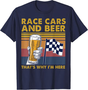 Vintage Race Cars Checkered Flag Beer That's Why I'm Here T-Shirt - T-Shirt | Navy