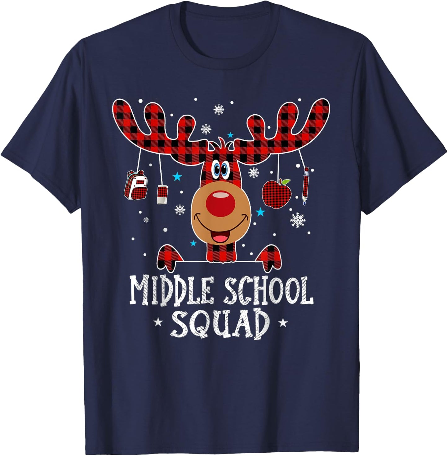Middle School Squad Plaid Reindeer Santa Teacher Christmas Women Kids T-Shirt - T-Shirt | Navy