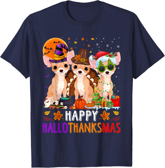 Happy Hallothanksmas Chihuahua Dog Halloween Christmas T-Shirt - T-Shirt | Navy