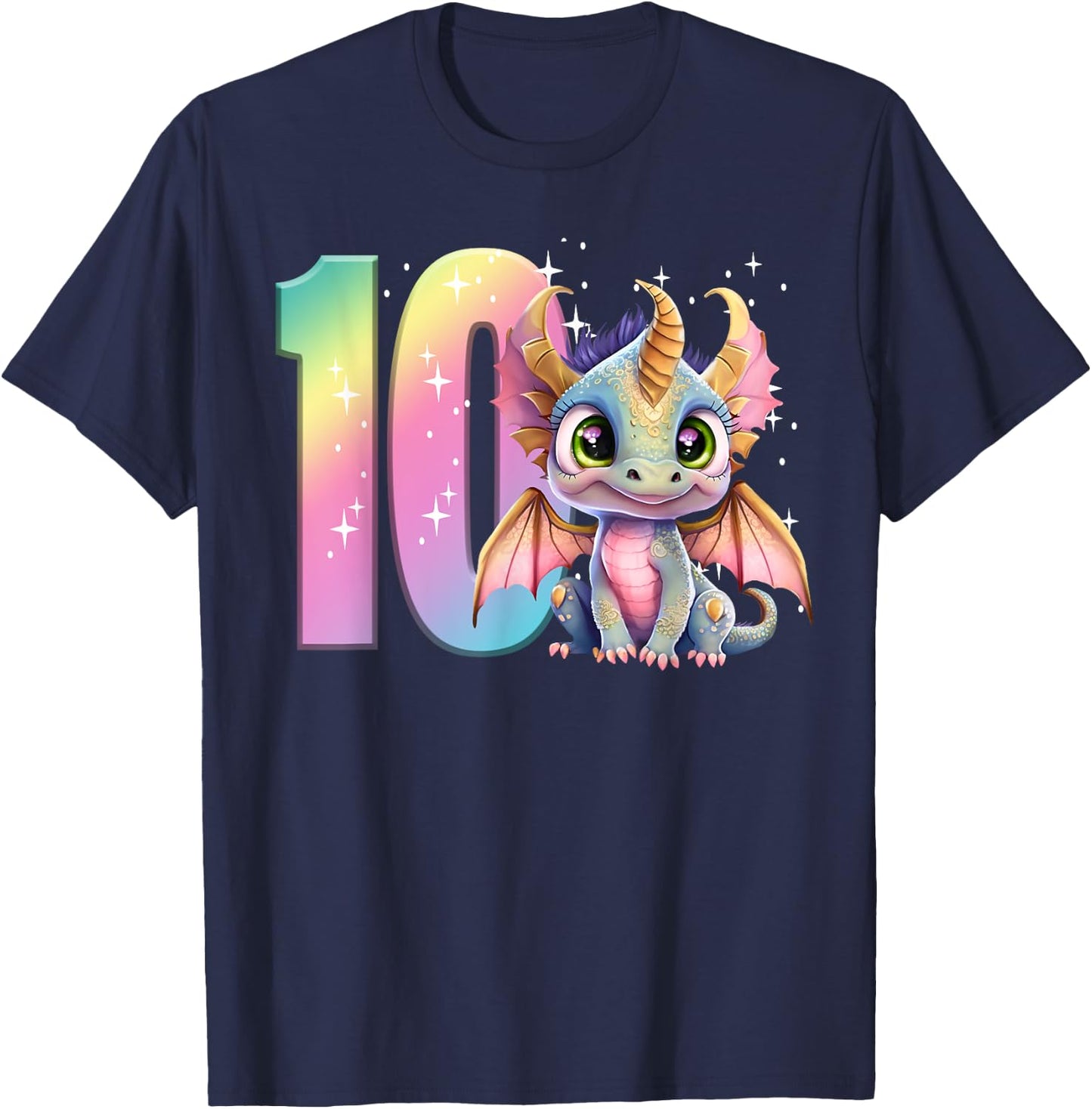 10th Birthday Shirt Dragon Party Rainbow Girl Double Digits T-Shirt - T-Shirt | Navy