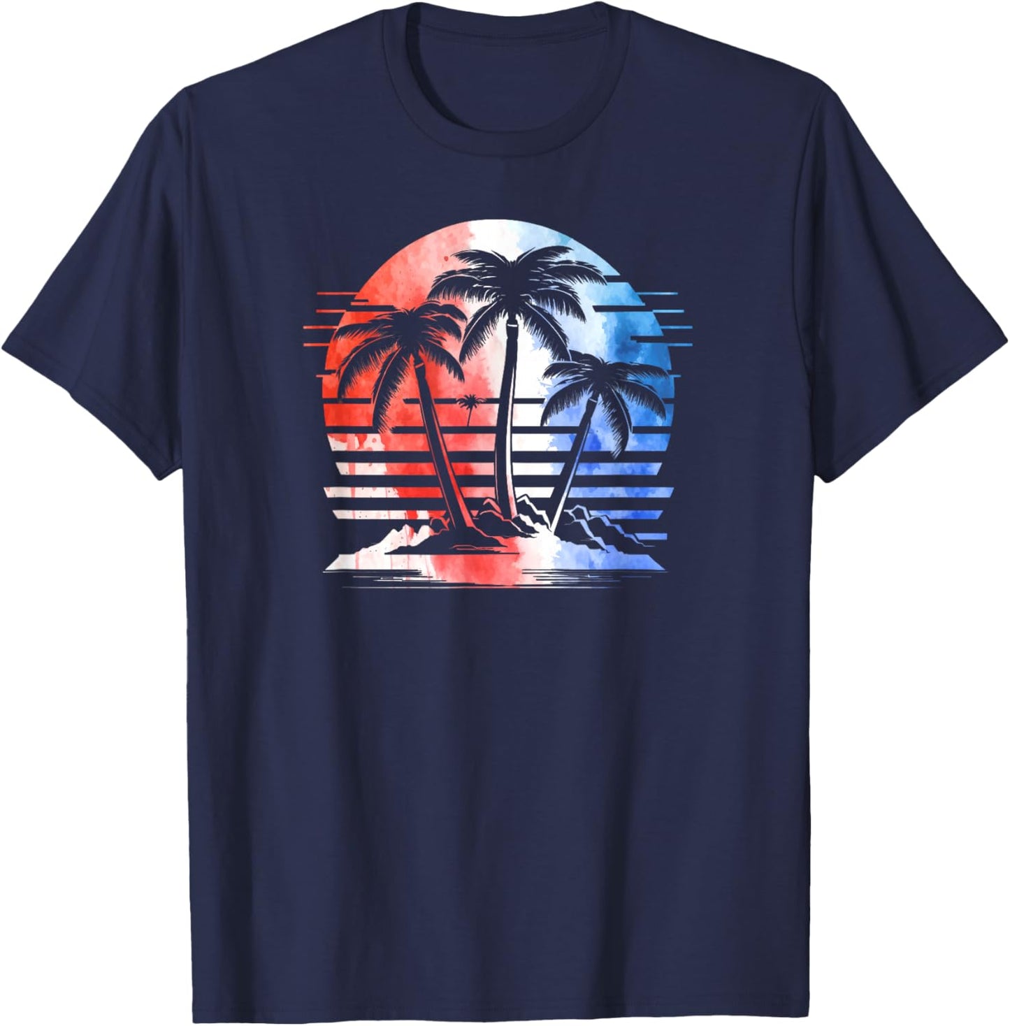 Red White Blue Retro Beach Palm Trees 4th of July Patriotic T-Shirt - T-Shirt | Navy