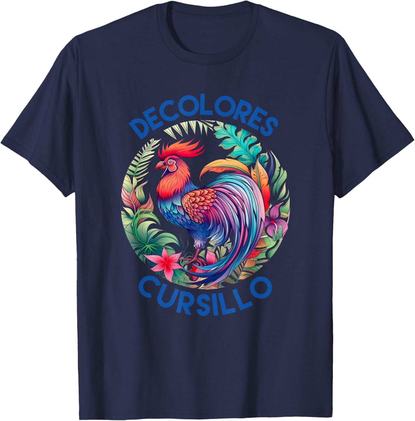 DeColores Cursillo Colorful Rooster Circle With Flowers T-Shirt - T-Shirt | Navy