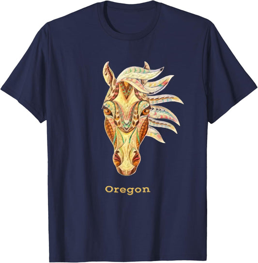 Oregon Colorful Horse Tribal Native American Geometric T-Shirt - T-Shirt | Navy